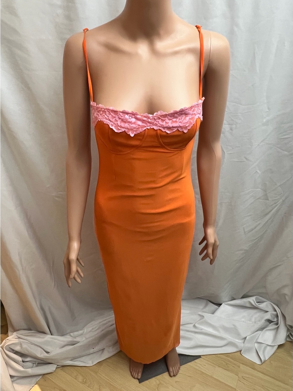 Micas Orange Pink Lace Bustier Maxi Dress Spaghetti Strap Size M